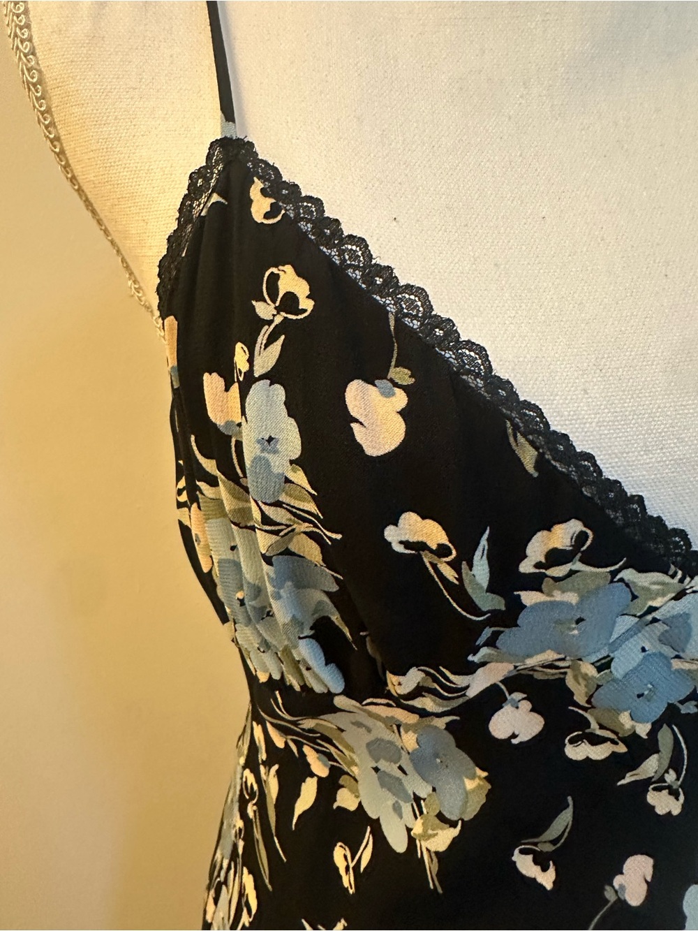 Betsey Johnson Black Slip Dress with Blue and Cream Floral Print - Picture 2 of 14